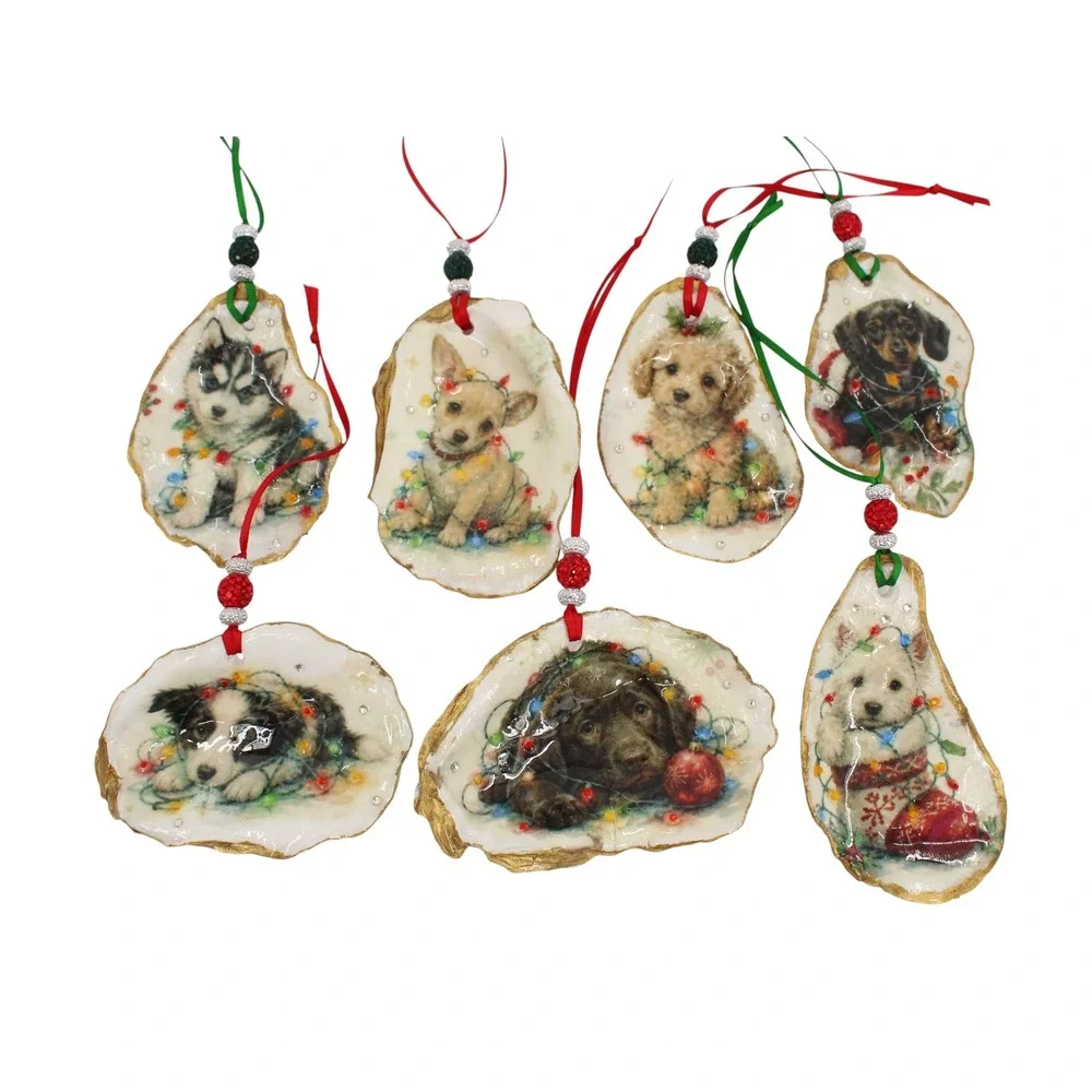 Christmas Puppy Decoupage Oyster Shell Ornaments Set of 7 Rhinestone Crystals